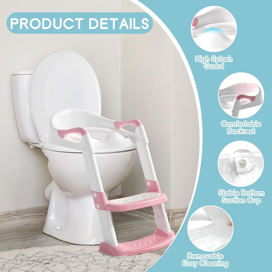 COOSEYA Potty Training Toilet with Step Stool Ladder, Toddler Kids Potty Training Seat for Boys Girls, Foldable Non-Slip Toilet Toddler Seat Splash Guard Soft Cushion Safety Handles (Pink)