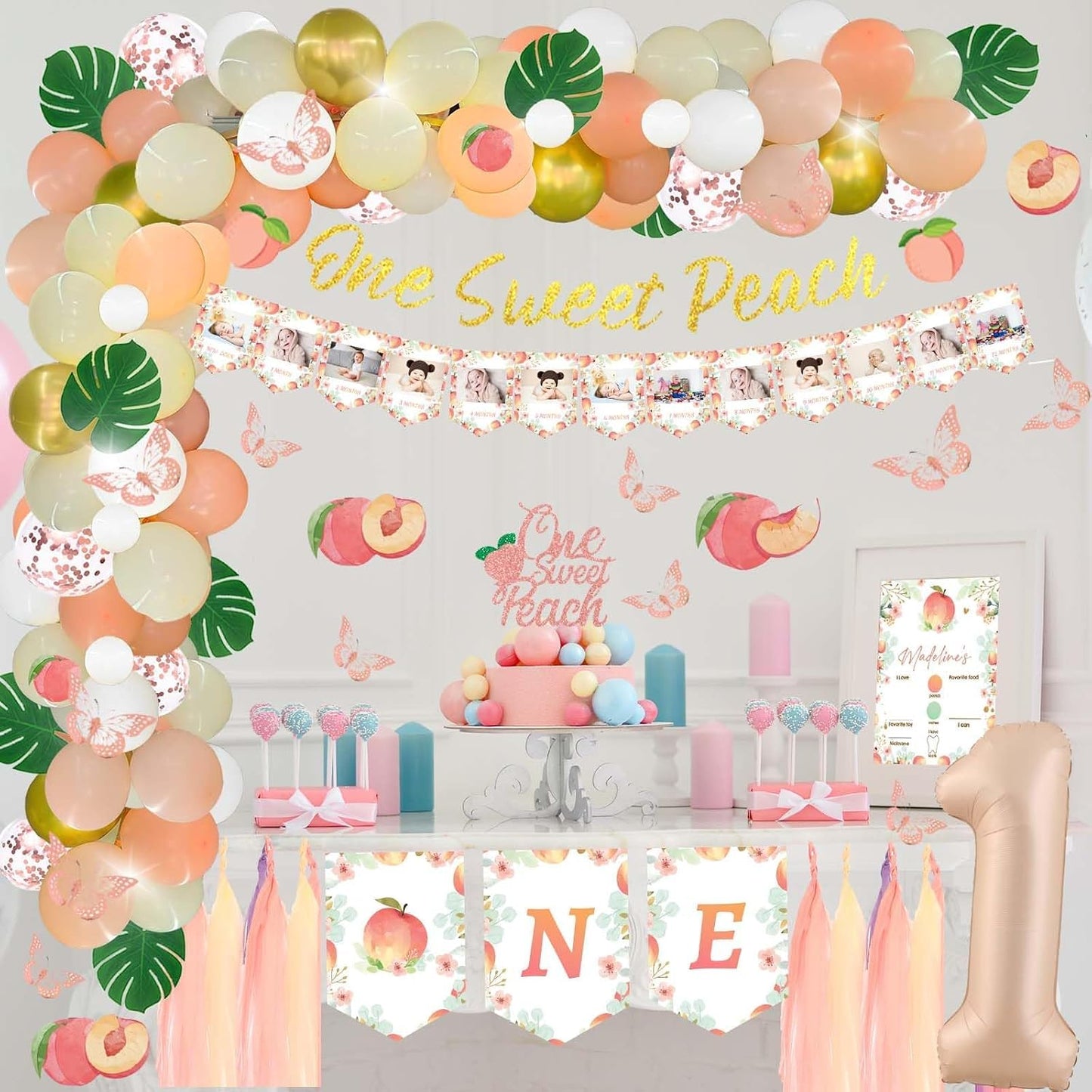 130 PCs One Sweet Peach Birthday Decorations, Fiesec Peach 1st Party Decorations Backdrop Balloon Garland Leaves Monthly Photo Highchair Banner Cake Topper Box Cutout Crown Poster Pastel Peach