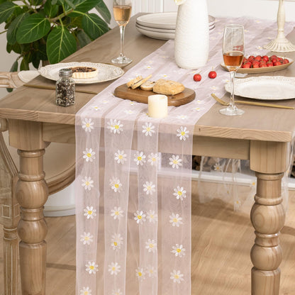 Artoid Mode Light Pink Daisy Gauze Embroidery Table Runner 120 Inch 10FT, Tulle Seasonal Spring Kitchen Dining Holiday Table Decor for Home Party