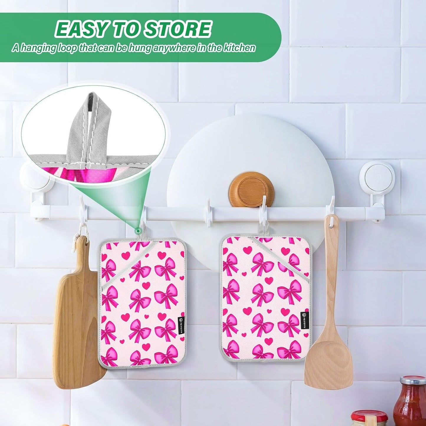 Bow Heart Light Pink Pot Holders for Kitchen Hot Pads 2 Pcs Heat Resistant Oven Mitts Pot Holder with Pockets Trivets Potholders for Hot Pans Dishes Cooking Baking Kitchen Accessories