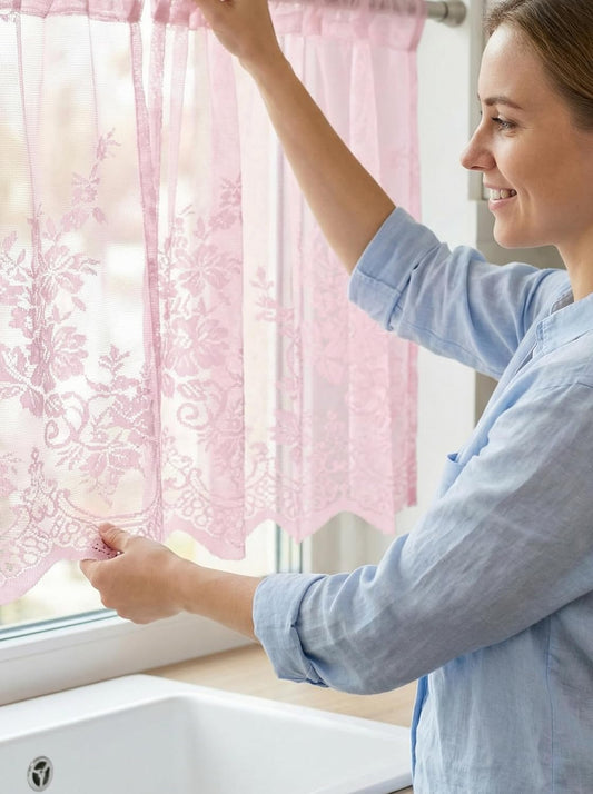 Molaxhome Lace Valances for Windows 51x16in, Floral Embroidered Kitchen Sheer Curtain Half Window Valance Cafe Dinning Bath Room 1 Pcs(Pink)