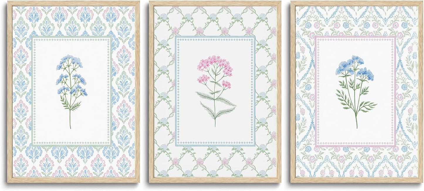 CHMMART 3 Piece Pastel Wildflower Framed Wall Art Nursery Floral Canvas Art Prints Pink Blue Botanical Pictures Wall Decor Boho Flower Painting Artwork for Bedroom Bathroom 12x16in