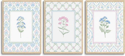 CHMMART 3 Piece Pastel Wildflower Framed Wall Art Nursery Floral Canvas Art Prints Pink Blue Botanical Pictures Wall Decor Boho Flower Painting Artwork for Bedroom Bathroom 12x16in