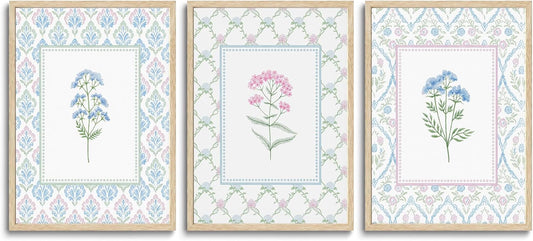 CHMMART 3 Piece Pastel Wildflower Framed Wall Art Nursery Floral Canvas Art Prints Pink Blue Botanical Pictures Wall Decor Boho Flower Painting Artwork for Bedroom Bathroom 12x16in