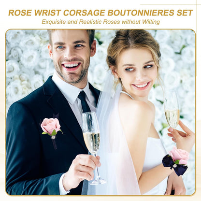 uxcell 2Pcs Rose Wrist Corsage Boutonnieres Set, Artificial Wrist Corsages Men Boutonnieres with Black Satin Ribbon Rhinestone Decor for Prom Wedding Party, Rose Pink