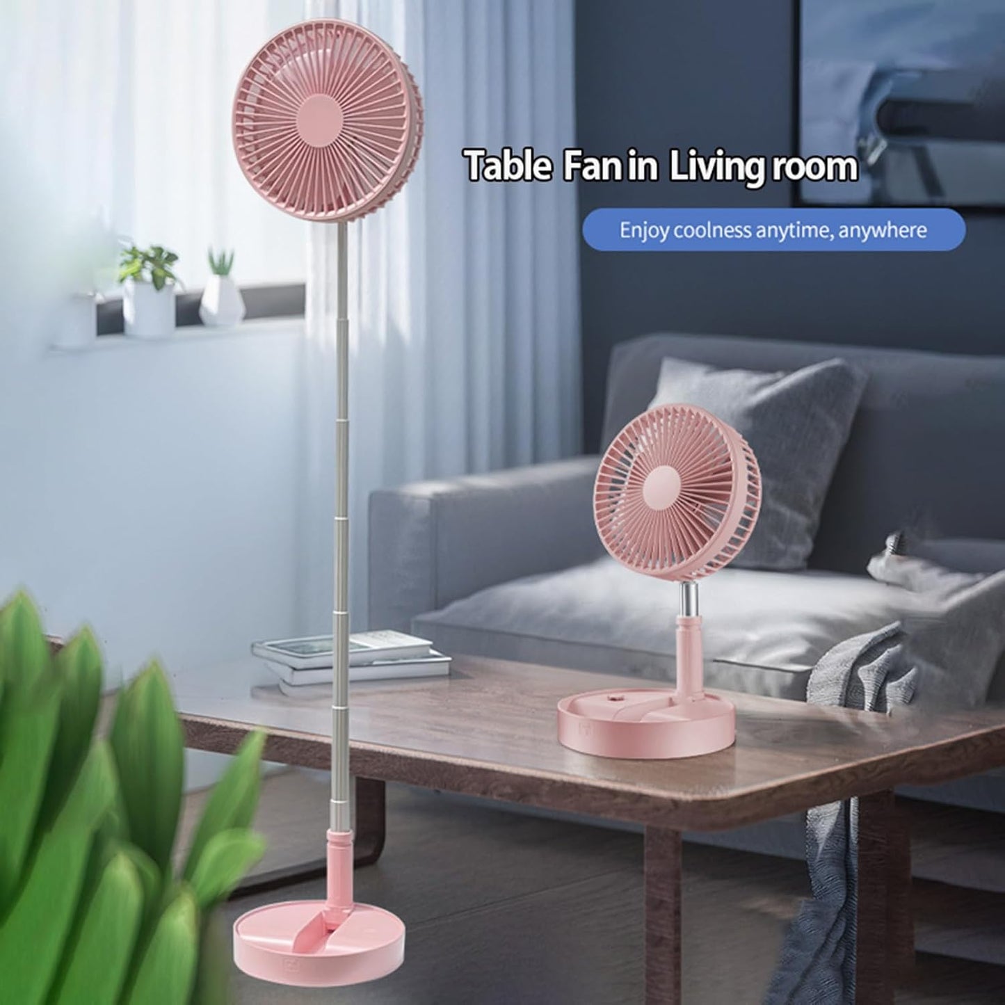 Pedestal Fan Foldable table fan, Adjustable Height, 7200mAh Rechargeable, Portable, Quiet, FoldAway (Pink)