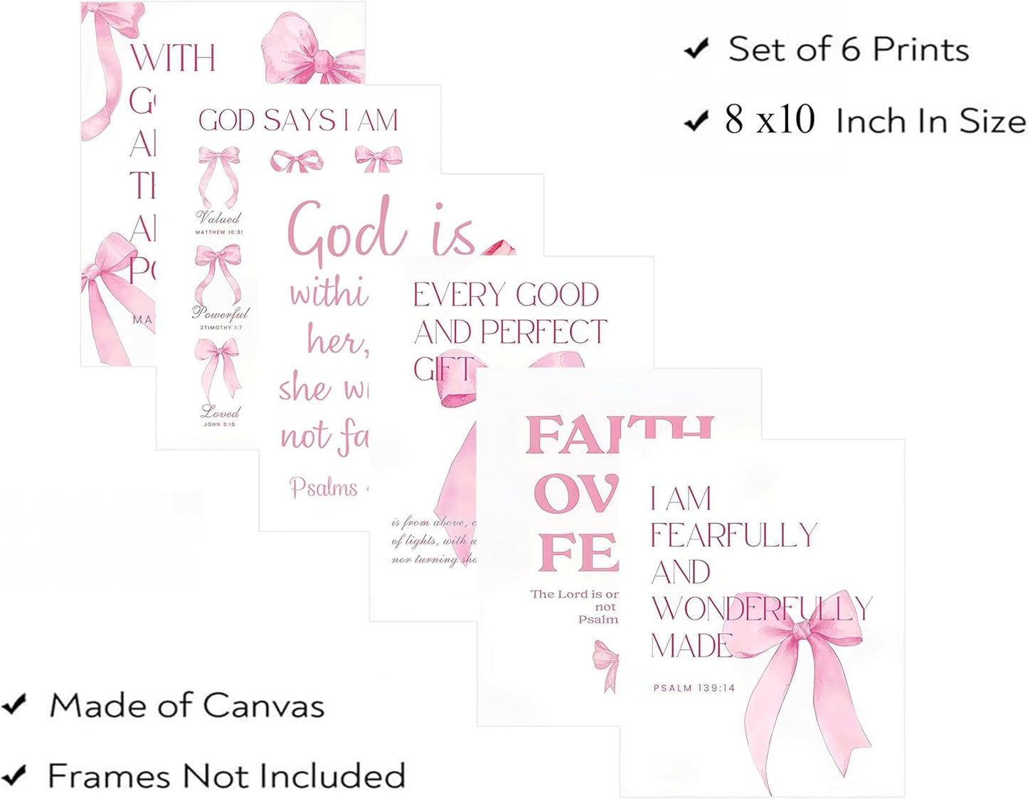 6Pcs Pink Christian Wall Art Inspirational Verse Posters Print Cute Coquette Bow Canvas Pictures for Girls Room Dorm Bathroom Bedroom Wall Decor 8x10In Unframed
