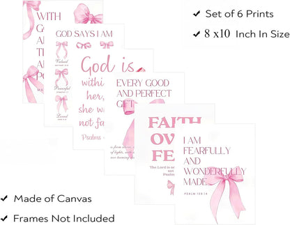 6Pcs Pink Christian Wall Art Inspirational Verse Posters Print Cute Coquette Bow Canvas Pictures for Girls Room Dorm Bathroom Bedroom Wall Decor 8x10In Unframed