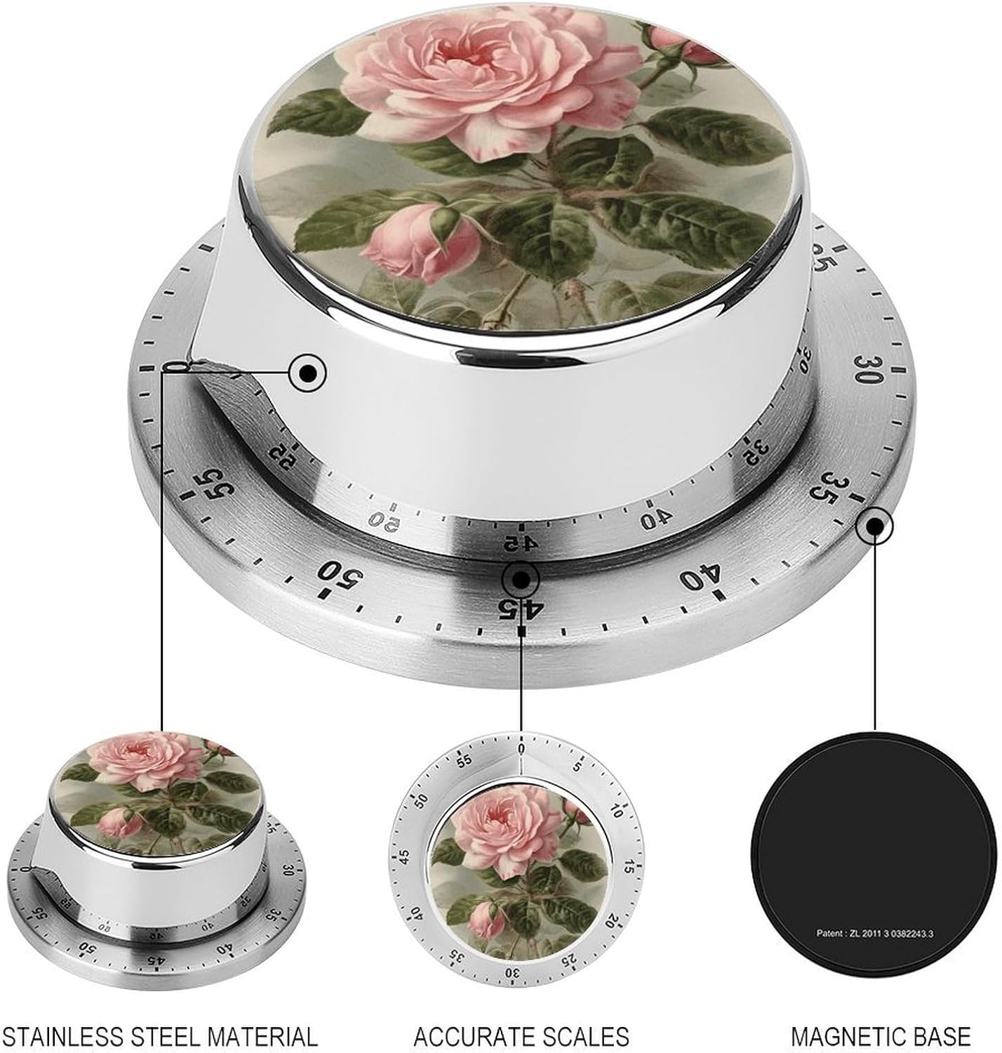 Mechanical Kitchen Timer with Magnetic Back, Stainless Steel Manual Vintage Pink Rose Printed Timer for Cooking and Time Management
