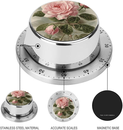 Mechanical Kitchen Timer with Magnetic Back, Stainless Steel Manual Vintage Pink Rose Printed Timer for Cooking and Time Management