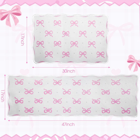 Tinideya 2 Pcs Scalloped Pink Bow Kitchen Rug and Mat, Non Slip Washable Coquette Mat, Anti Fatigue Bowknot Carpet for Kitchen Sink Laundry Nursery Bedroom Playroom Housewarming, 47" x 17, 30" x 17"