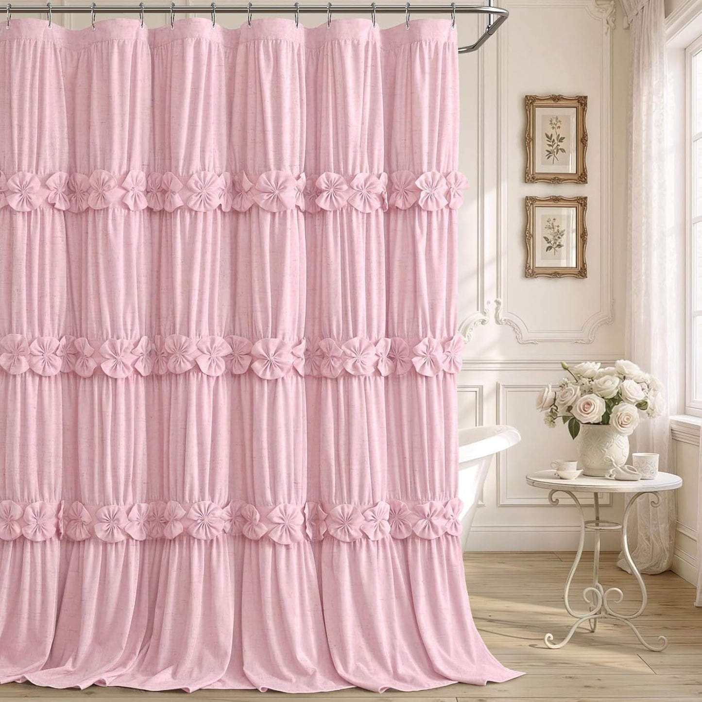 Ruffle Shower Curtain with Handmade Bow Tie, Pink Linen Vintage Farmhouse Shower Curtain for Bathroom, 72" W x 72" H