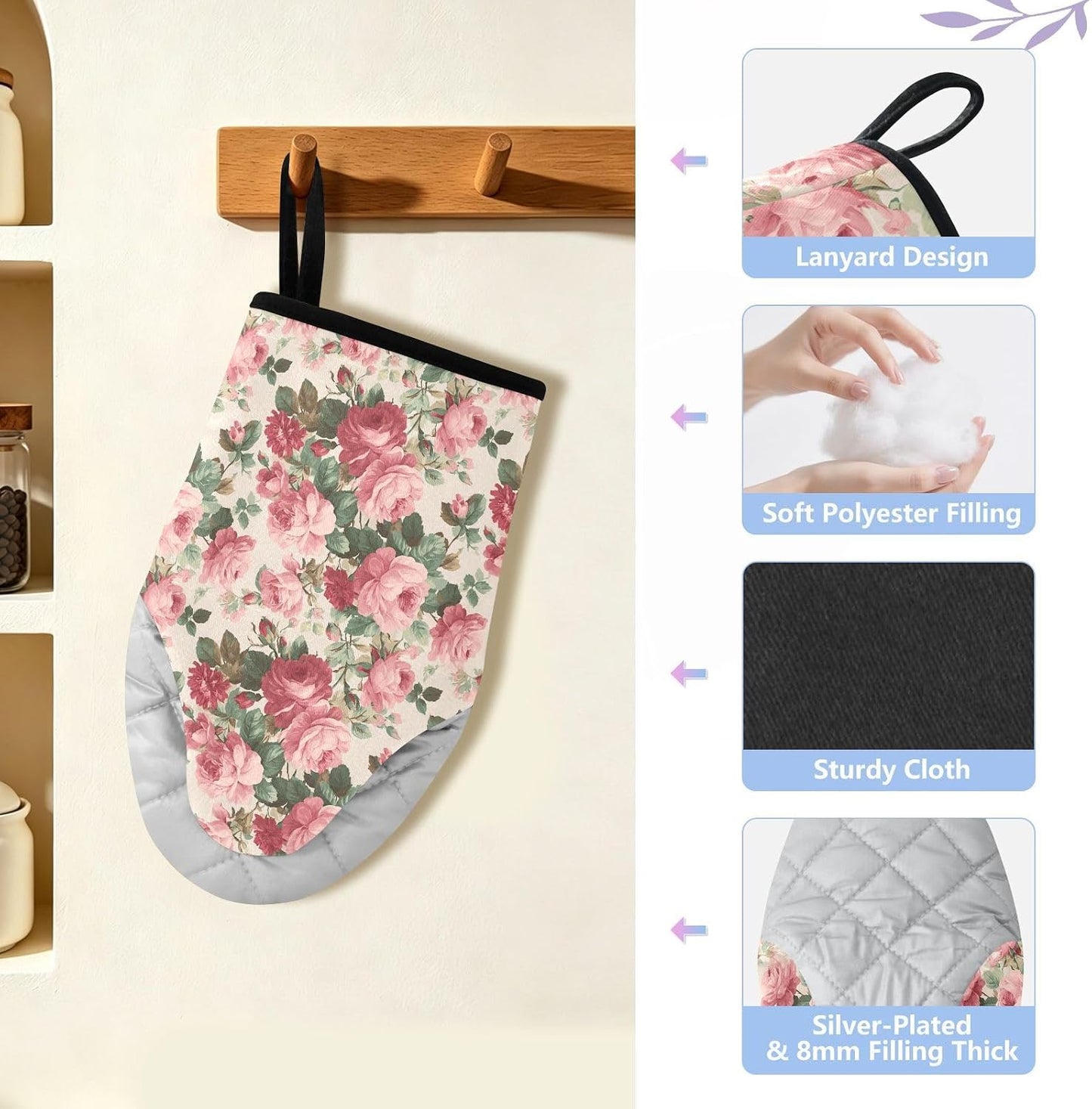 Light Pink Roses Leaves 2pcs Oven Mitts Heat Resistant Kitchen Gloves Great Gift for Cooking Baking