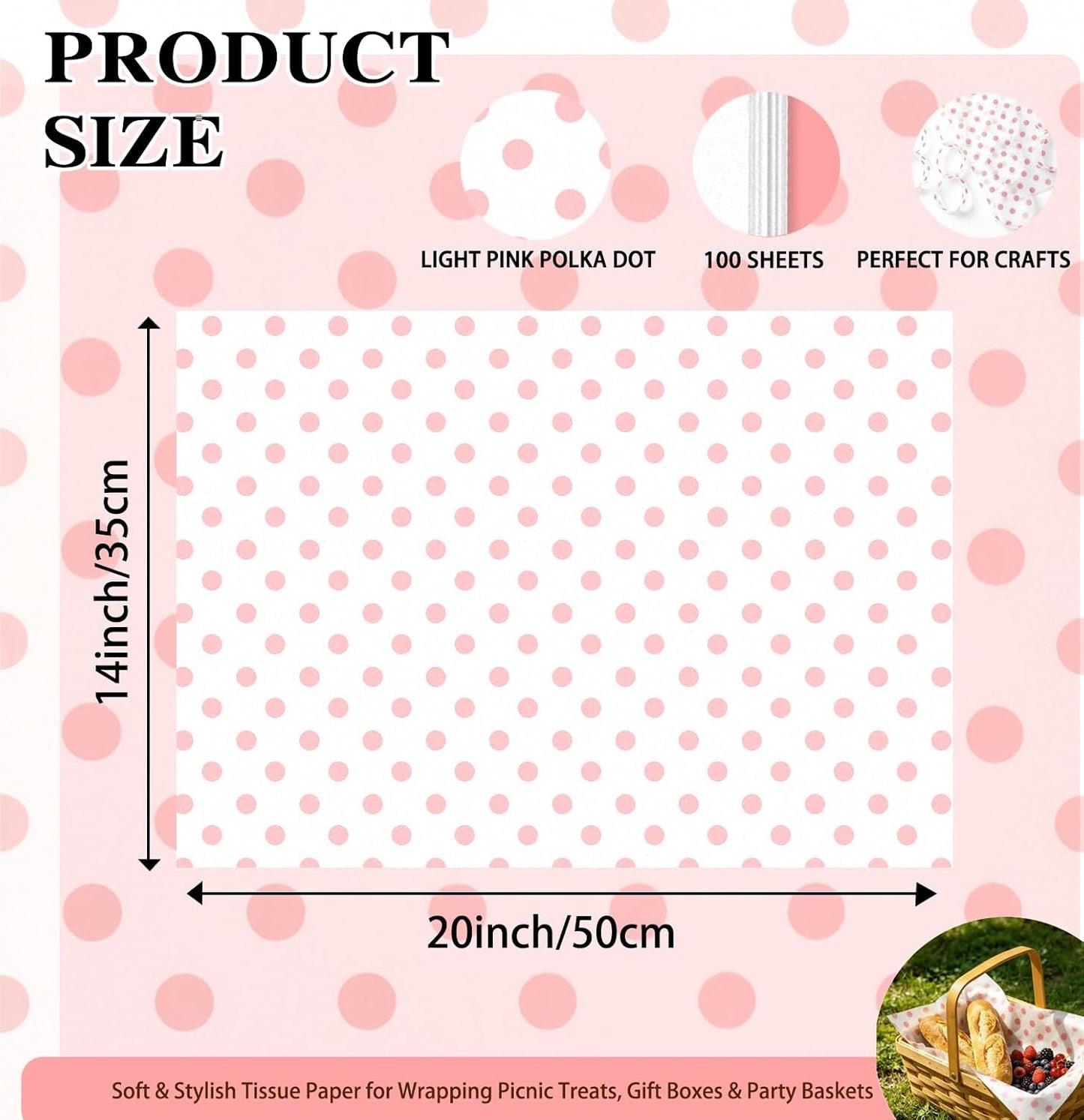 MUNILAIL 100 Sheets Light Pink Polka Dot Tissue Paper 14 x 20 Inches Pink and White Tissue Paper Dot Printed Gift Wrapping Paper for Birthday Wedding Baby Shower Gift Packing DIY Crafts