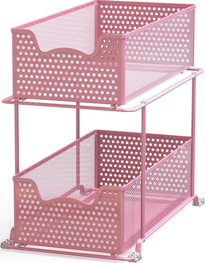 2 Tier Sliding Cabinet Basket Organizer Drawer, Pink