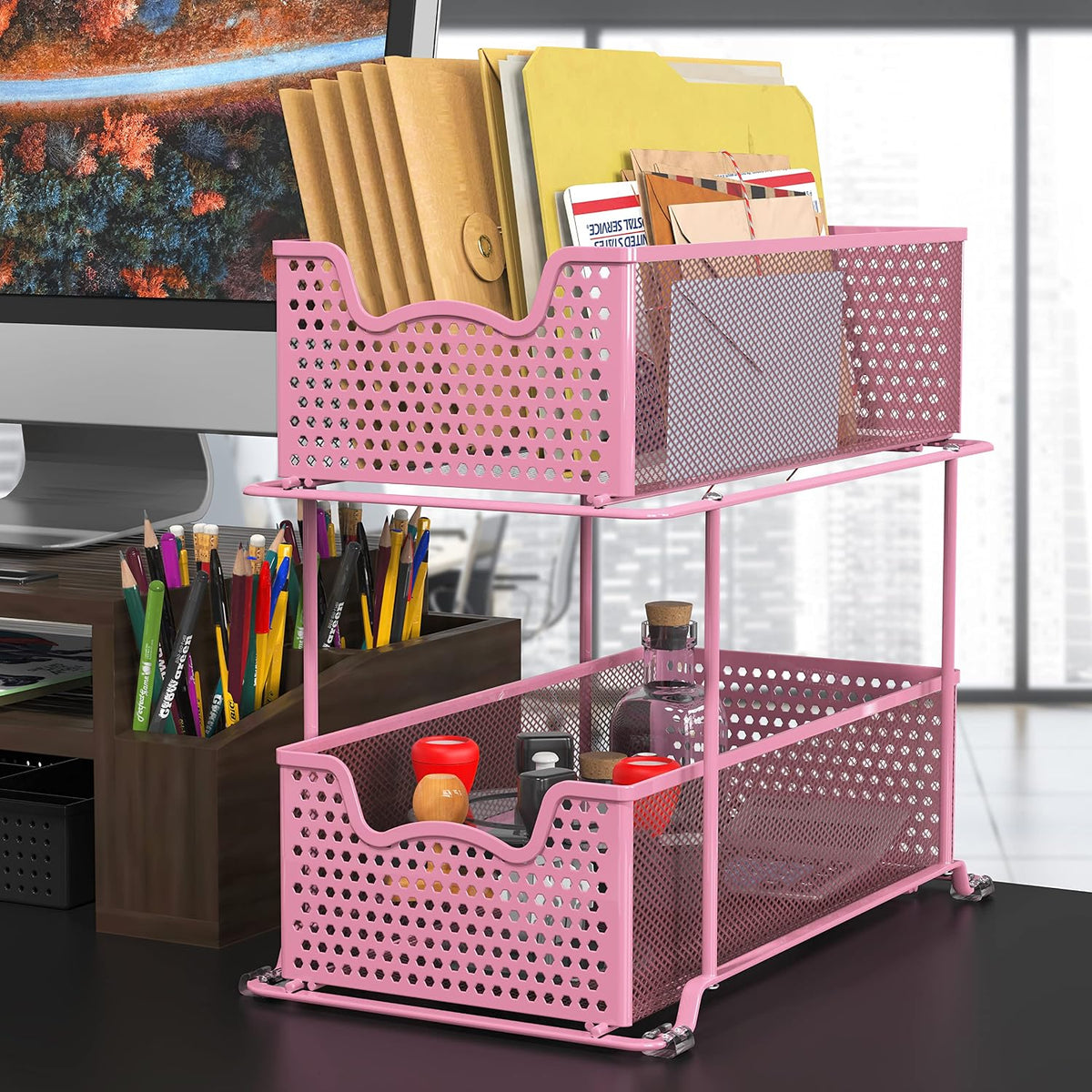 2 Tier Sliding Cabinet Basket Organizer Drawer, Pink