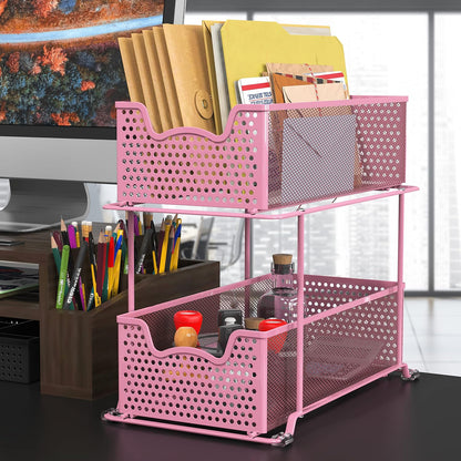 2 Tier Sliding Cabinet Basket Organizer Drawer, Pink