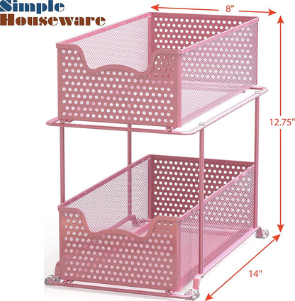 2 Tier Sliding Cabinet Basket Organizer Drawer, Pink