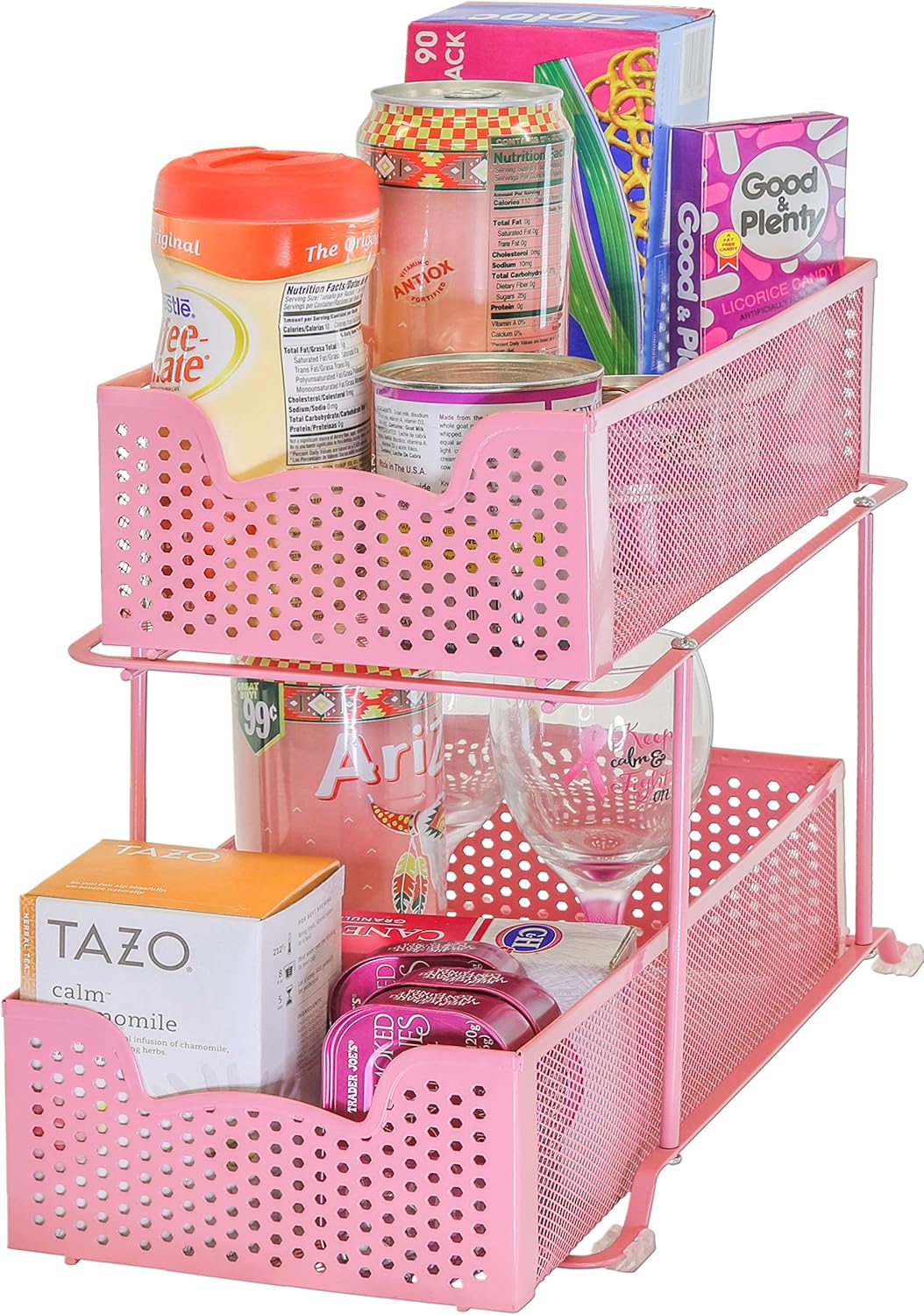2 Tier Sliding Cabinet Basket Organizer Drawer, Pink