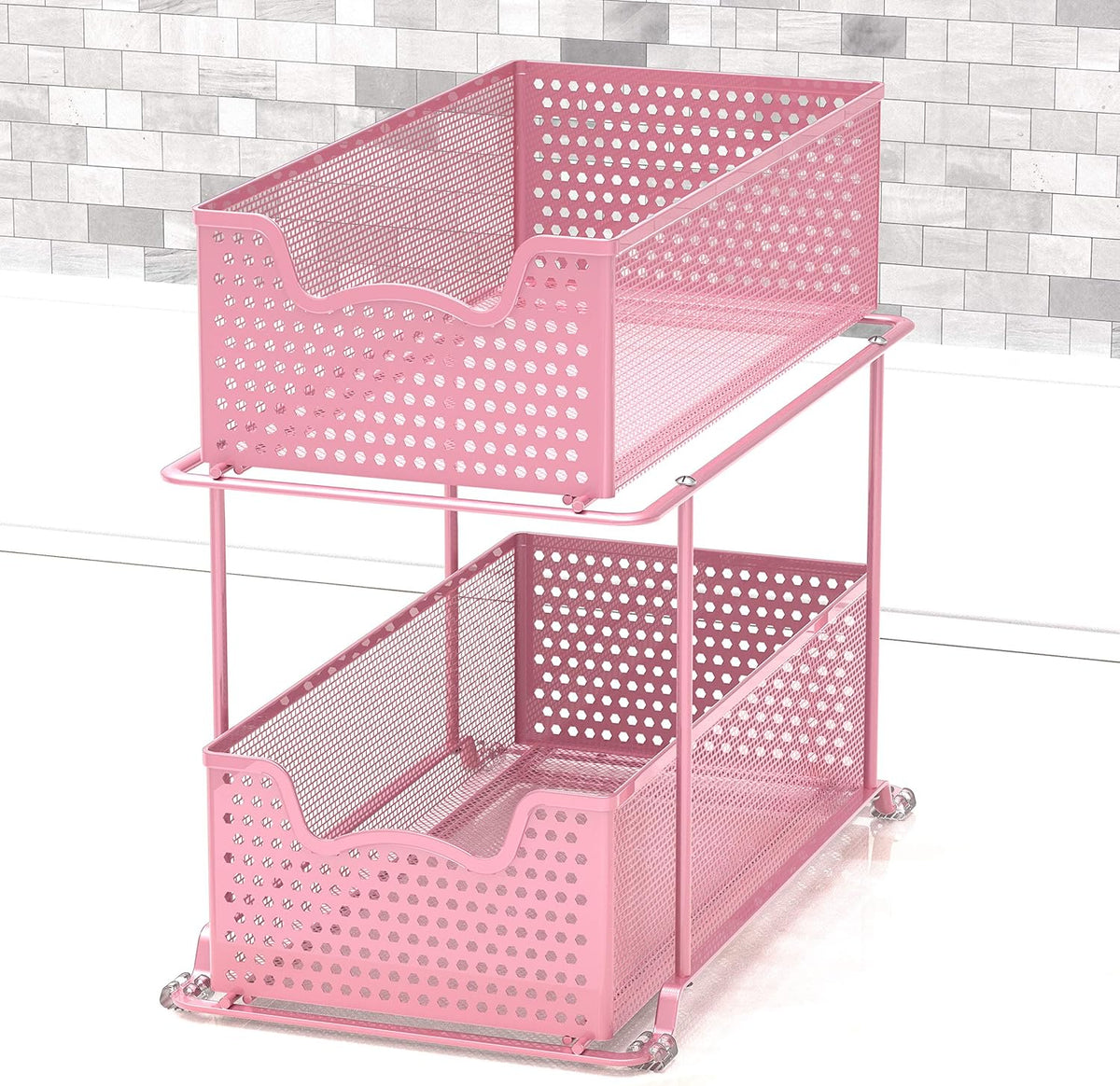 2 Tier Sliding Cabinet Basket Organizer Drawer, Pink