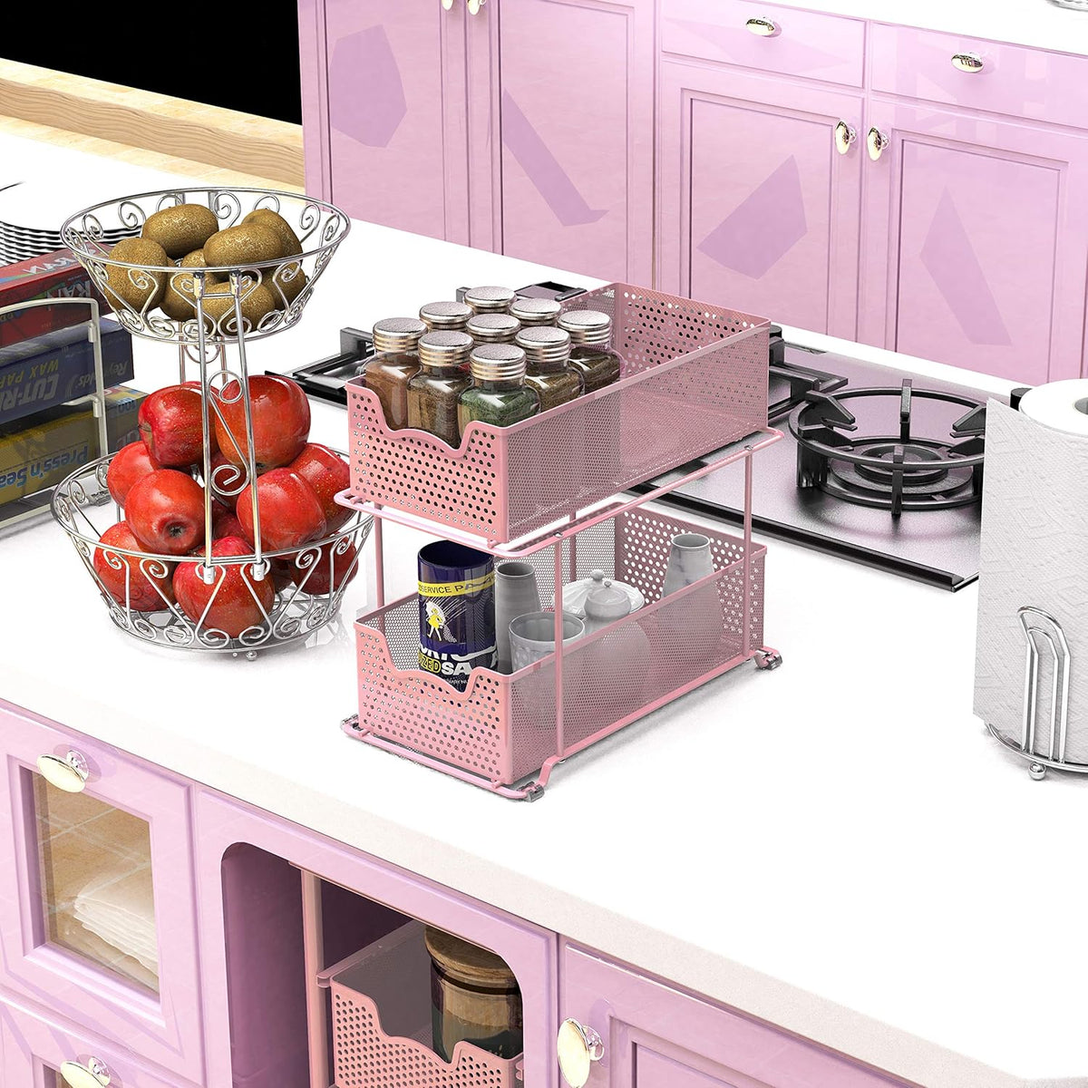 2 Tier Sliding Cabinet Basket Organizer Drawer, Pink