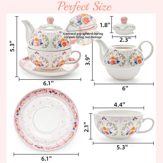WRINGKIT Tea for One Set, Porcelain Teapot and Cup Saucer Set, Elegant Floral Tea Set for One for Women, Vintage Pink Rose Tea Set Gift for Afternoon Tea, Home, Office, Microwave, Dishwasher Safe