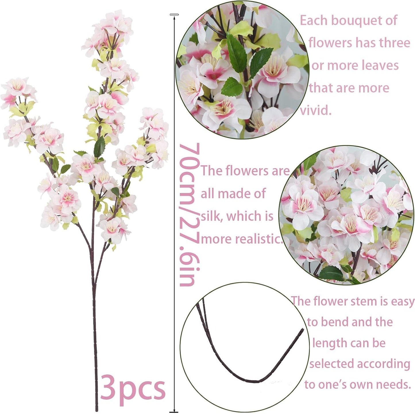 3 Pcs Cherry Blossom Branches for Vase Long Stems Artificial Flowers Spring Summer Decor Light Pink Faux Silk Cherry Blossom Branches for Home Wedding Party Table Centerpieces