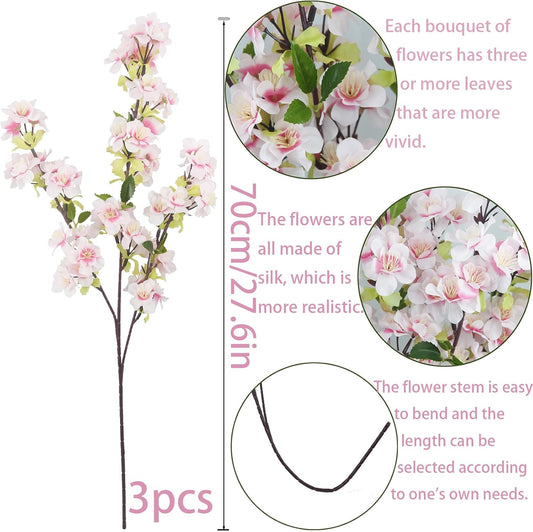 3 Pcs Cherry Blossom Branches for Vase Long Stems Artificial Flowers Spring Summer Decor Light Pink Faux Silk Cherry Blossom Branches for Home Wedding Party Table Centerpieces