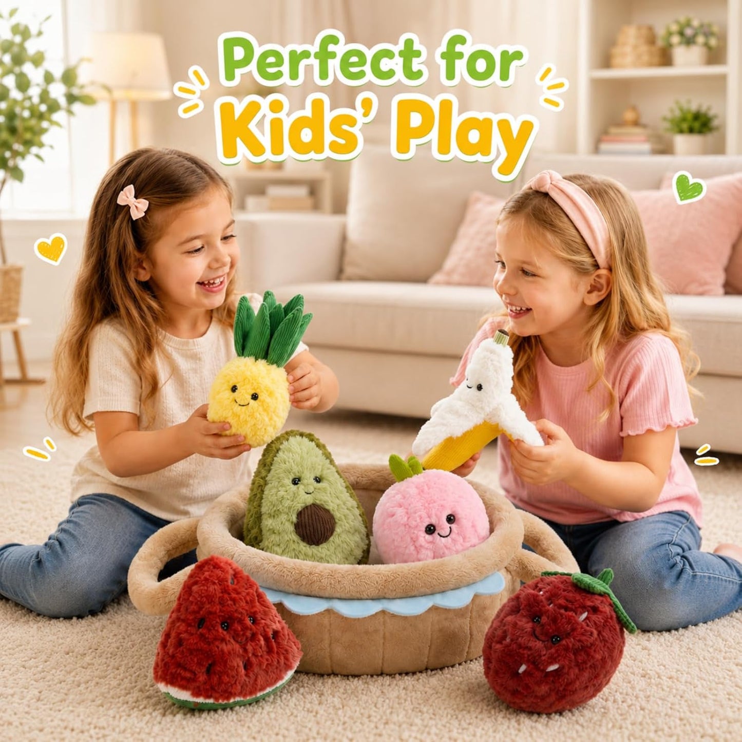 MorisMos 7Pcs Fruit Plush Toys Set, 6 Soft Stuffed Fruit Toys with Basket, Cute Pineapple Banana Strawberry Peach Watermelon Avocado Plushies for Pretend Play, Birthday for Girls Boys