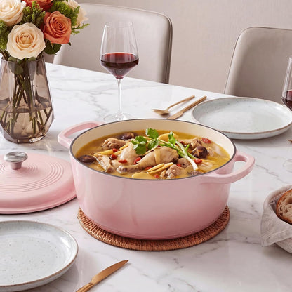 DUMOS Cast Iron Dutch Oven, 6 Quart Pot with Lid, Enameled Heavy Duty Cookware, Oven Safe to 500°F, Perfect for Bread Baking, Braising, Stews and Roasting, Moisture Sealing Lid with Dual Handles, Pink