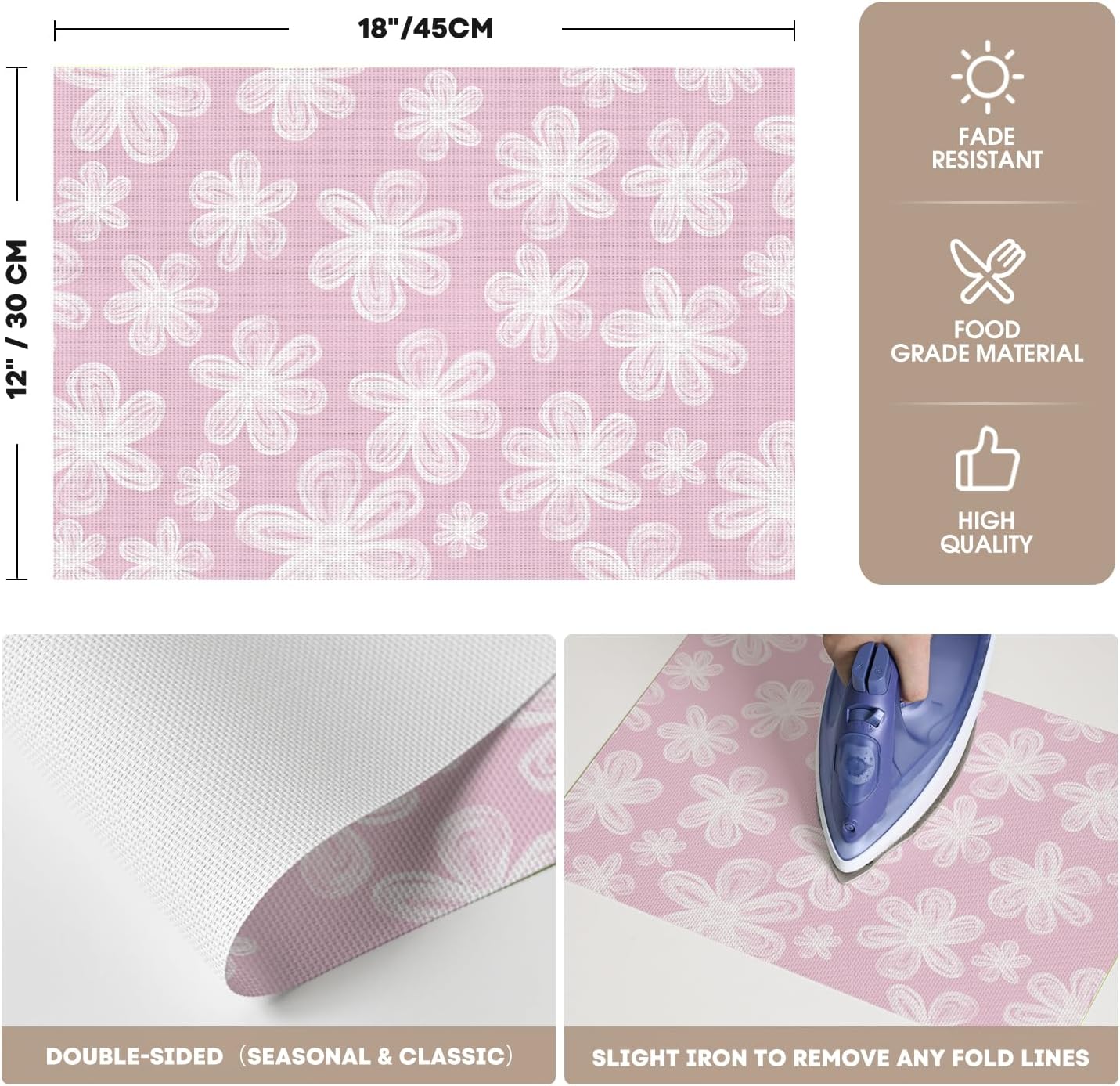 Artoid Mode Pink Flowers Vinyl Spring Placemats Set of 4, Washable Heat Resistant Non-Slip Woven Plastic PVC Place Summer Mats for Farmhouse Holiday Party Dining Table Decor
