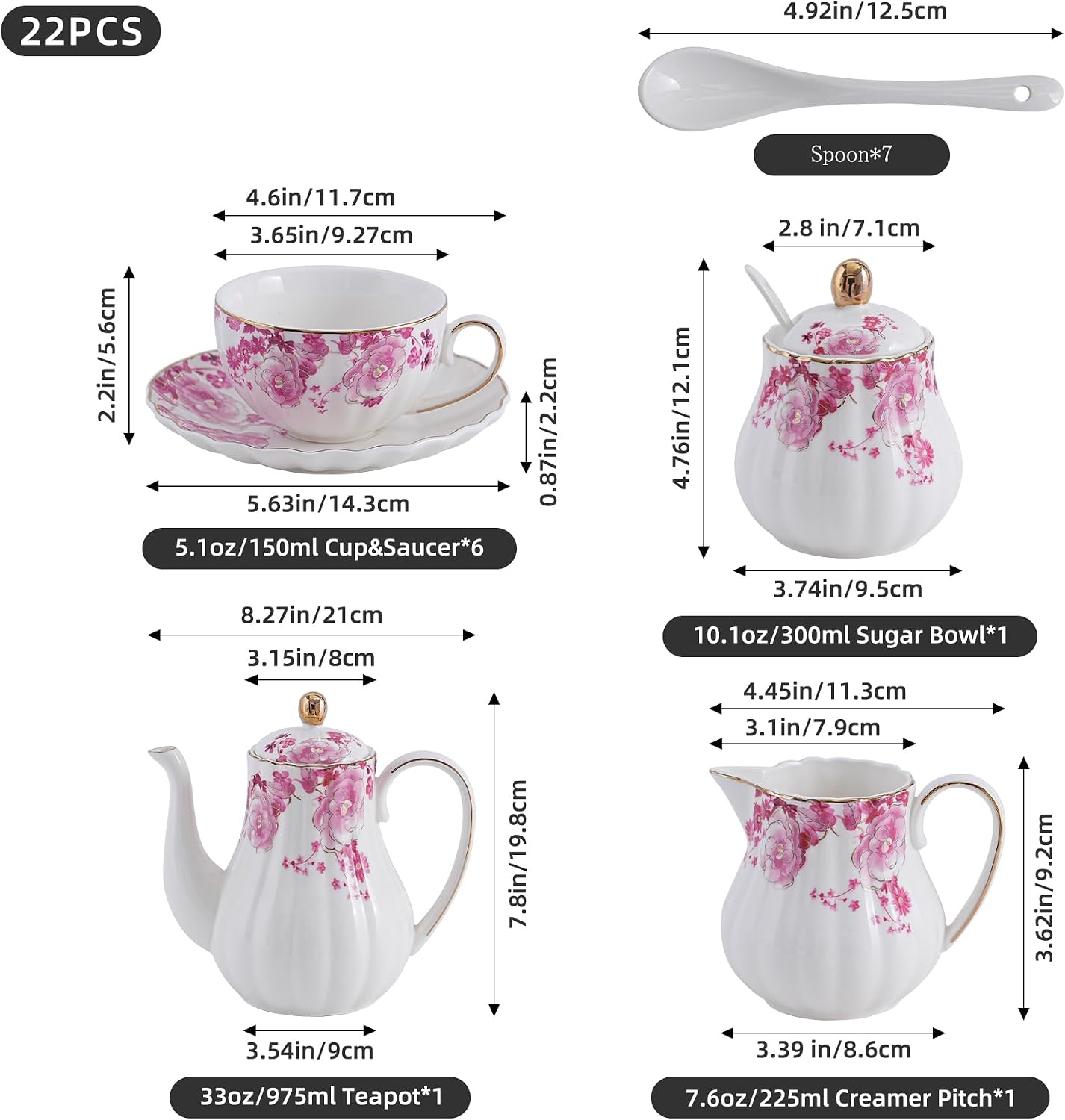 Pink Flowers Ceramic Tea Set，Tea Sets for Adults, with Teapot, Sugar Bowl, Milk Jug, Spoons, Cup and Saucer for Tea Party (Pink Flowers)