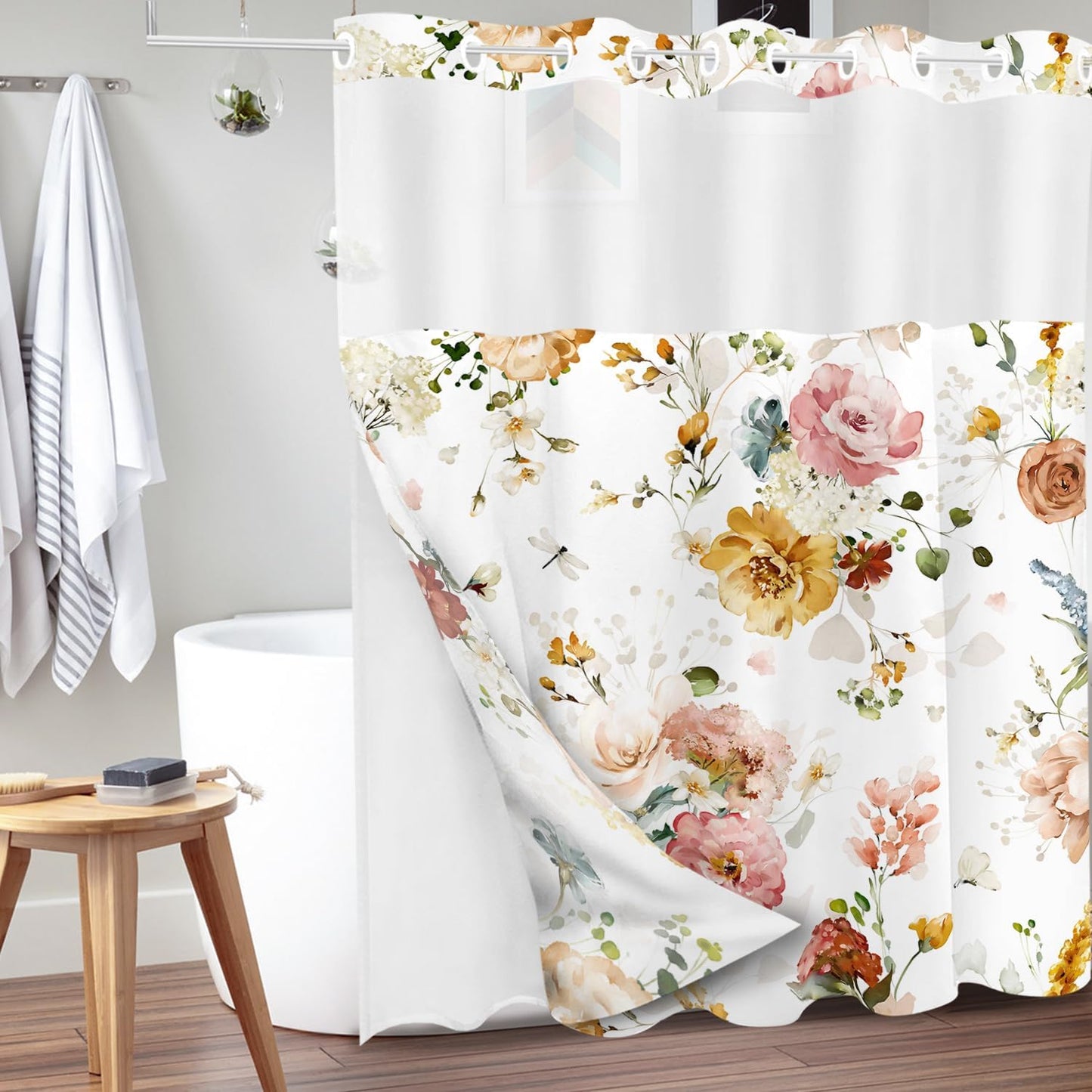 Tititex No Hooks Snap in Liner Rustic Red Yellow Pink Floral Shower Curtain, Hotel Luxury Double Layers Waterproof Fabric & See-Through Top Window Bathroom Decorative 72x72 Inch