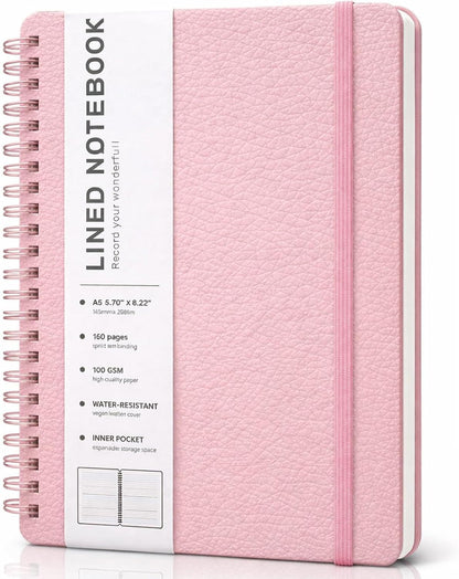 Lined Spiral Journal Notebook, A5 Hardcover Leather Notebook for Work, 5.7''×8.2'', 100GSM Thick Paper Spiral Bound Journaling Notebooks for Women & Men Office School Note Taking Business, Pink
