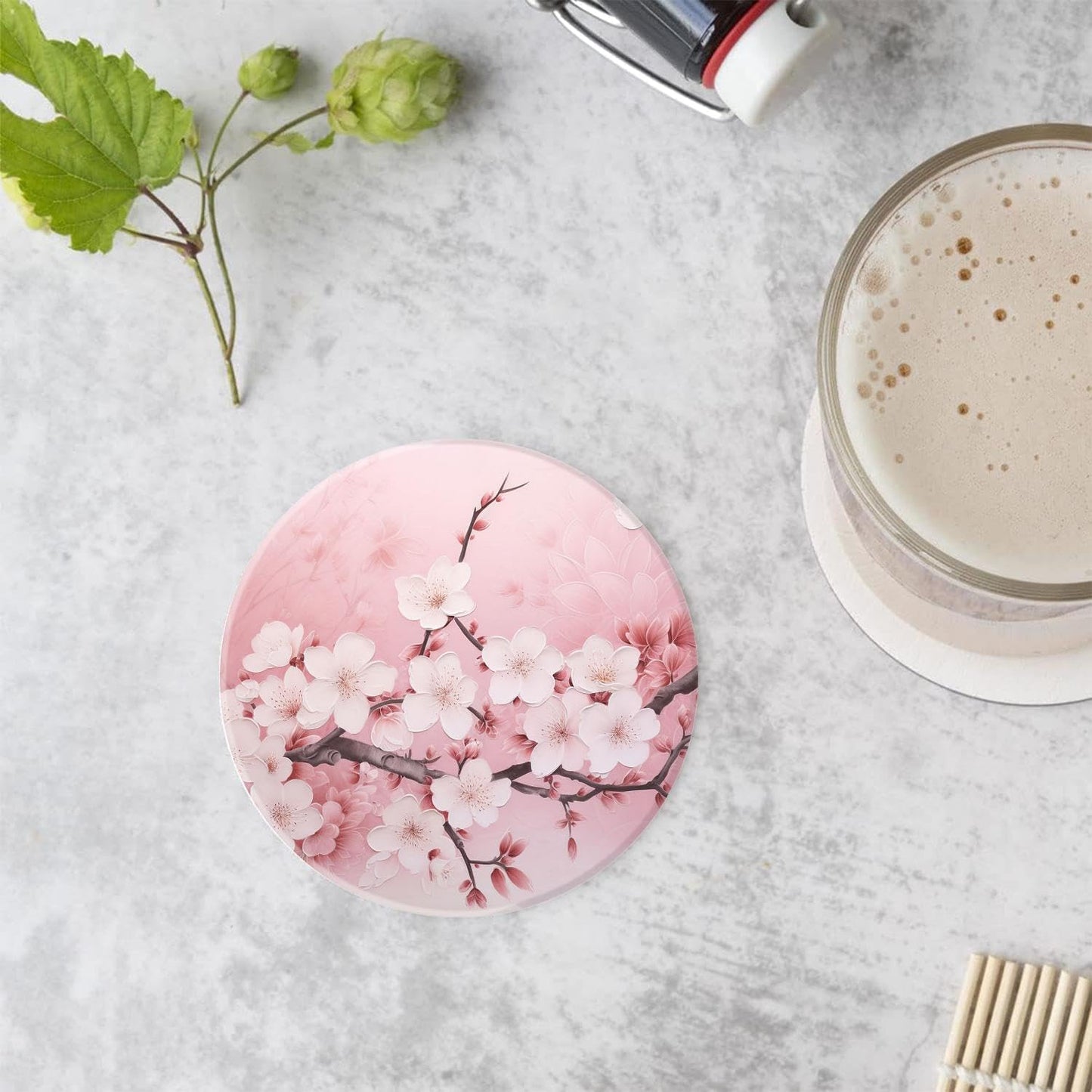 Drinking Coasters with Holder Round Water Absorbent Marble Ceramic Coasters Tabletop Protection(Cork Base),Blooming Pink Cherry Blossom Flowers,Suitable for Various Mugs,Home Decor，4 Inch
