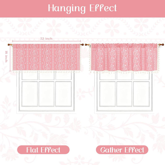 Yinhua Boho Valance Curtains Vintage Linen Pink Kitchen Valances for Windows Light Filtering Bohemian Floral Valance Rod Pocket Farmhouse Tassel Window Valances for Bathroom Cafe, 52" W X 18" L