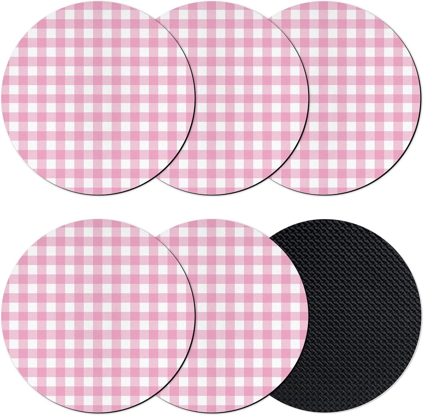 Coasters Set of 6, Farmhouse Checked Round Drink Coasters for Coffee Table Decor, Pink Buffalo Plaid Country Rustic Absorbent Cup Coaster for Housewarming Gift/Home Décor, 4 Inches