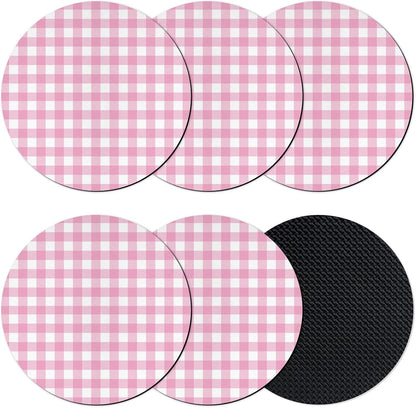 Coasters Set of 6, Farmhouse Checked Round Drink Coasters for Coffee Table Decor, Pink Buffalo Plaid Country Rustic Absorbent Cup Coaster for Housewarming Gift/Home Décor, 4 Inches