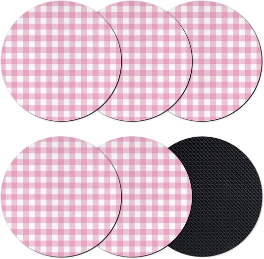 Coasters Set of 6, Farmhouse Checked Round Drink Coasters for Coffee Table Decor, Pink Buffalo Plaid Country Rustic Absorbent Cup Coaster for Housewarming Gift/Home Décor, 4 Inches