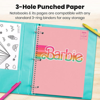 Yoobi Barbie X College Ruled Spiral Notebook Set – 3-Pack of 1 Subject Notebooks, Pink, Blue & Peach Barbie Designs – 100 Perforated 3-Hole Punched Sheets – 10.5” x 8”