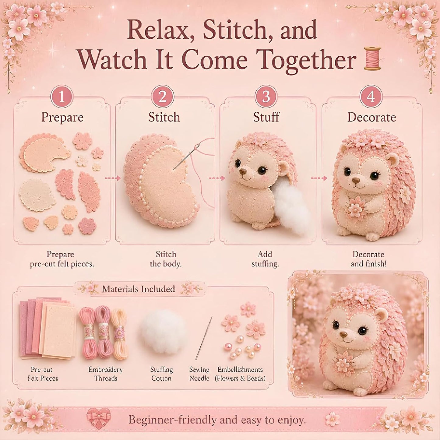 Pink Woodland Friends DIY Felt Patchwork Kit, Magic Forest Animals 3D Felt Sewing Kit DIY Creative Patchwork Art Craft for Beginner Crafters Home Decor Unique Handmade Gift，Blush Lamb