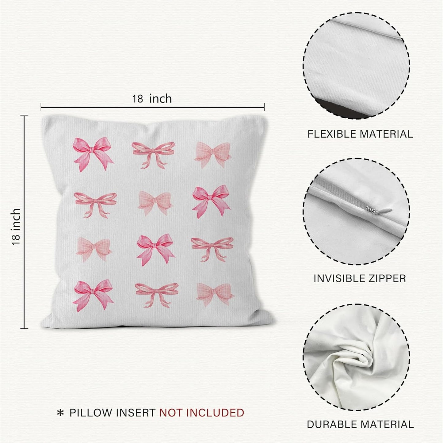 Pink Bow Throw Pillow Covers, Coquette Pillow Covers, Girly Decorative Pillow Covers for Girls Room Aesthetic, Coquette Room Decor, Bow Room Decor, Preppy Trendy Decor Pillow Covers 18x18