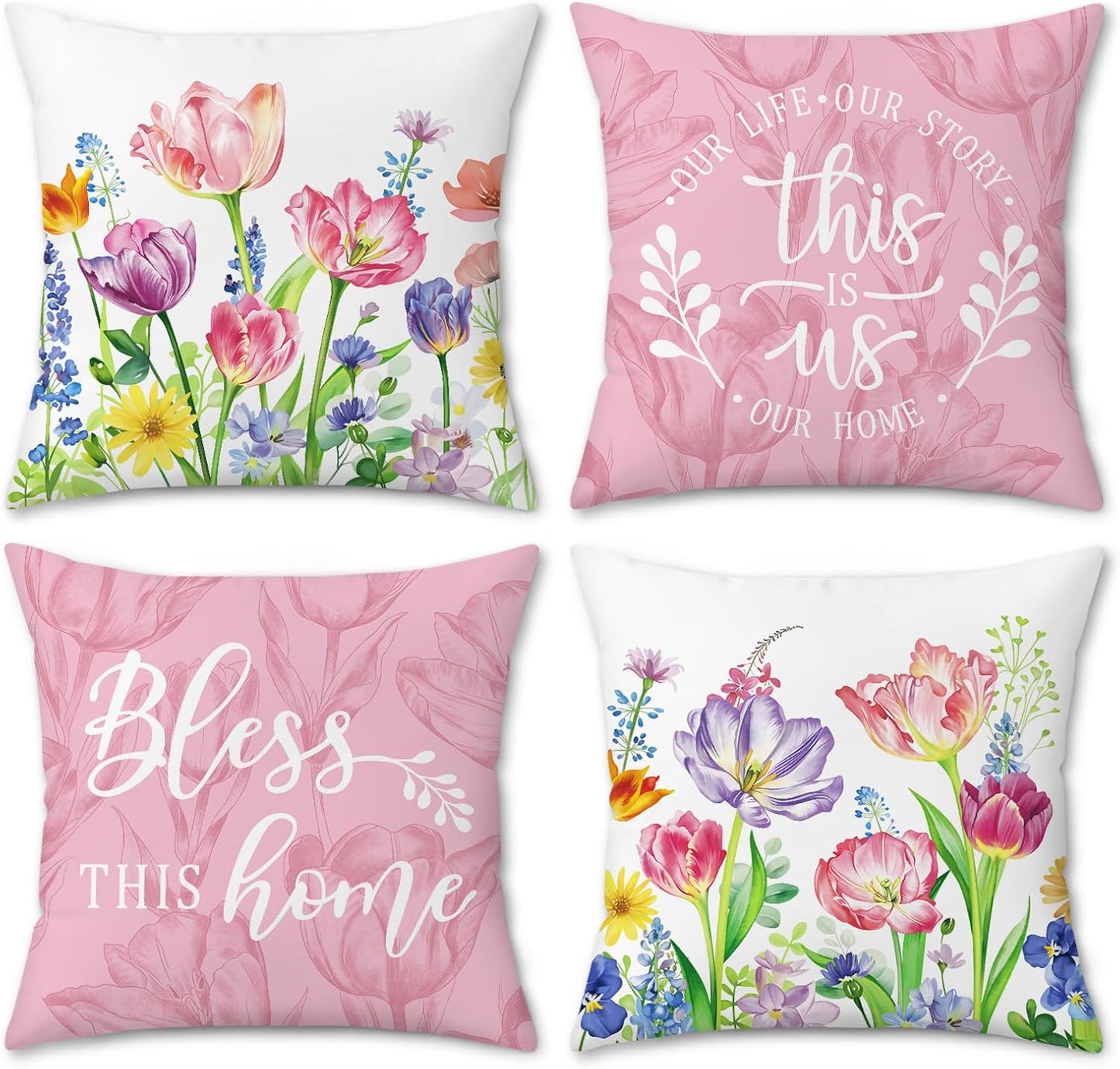 Bonhause Pink Purple Tulips Floral Throw Pillow Covers 18 x 18 Inch Spring Summer Flowers Leaves Decorative Pillows Case Soft Velvet Cushion Covers for Outdoor Couch Sofa Garden Decor Set of 4