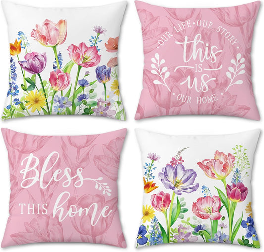 Bonhause Pink Purple Tulips Floral Throw Pillow Covers 18 x 18 Inch Spring Summer Flowers Leaves Decorative Pillows Case Soft Velvet Cushion Covers for Outdoor Couch Sofa Garden Decor Set of 4