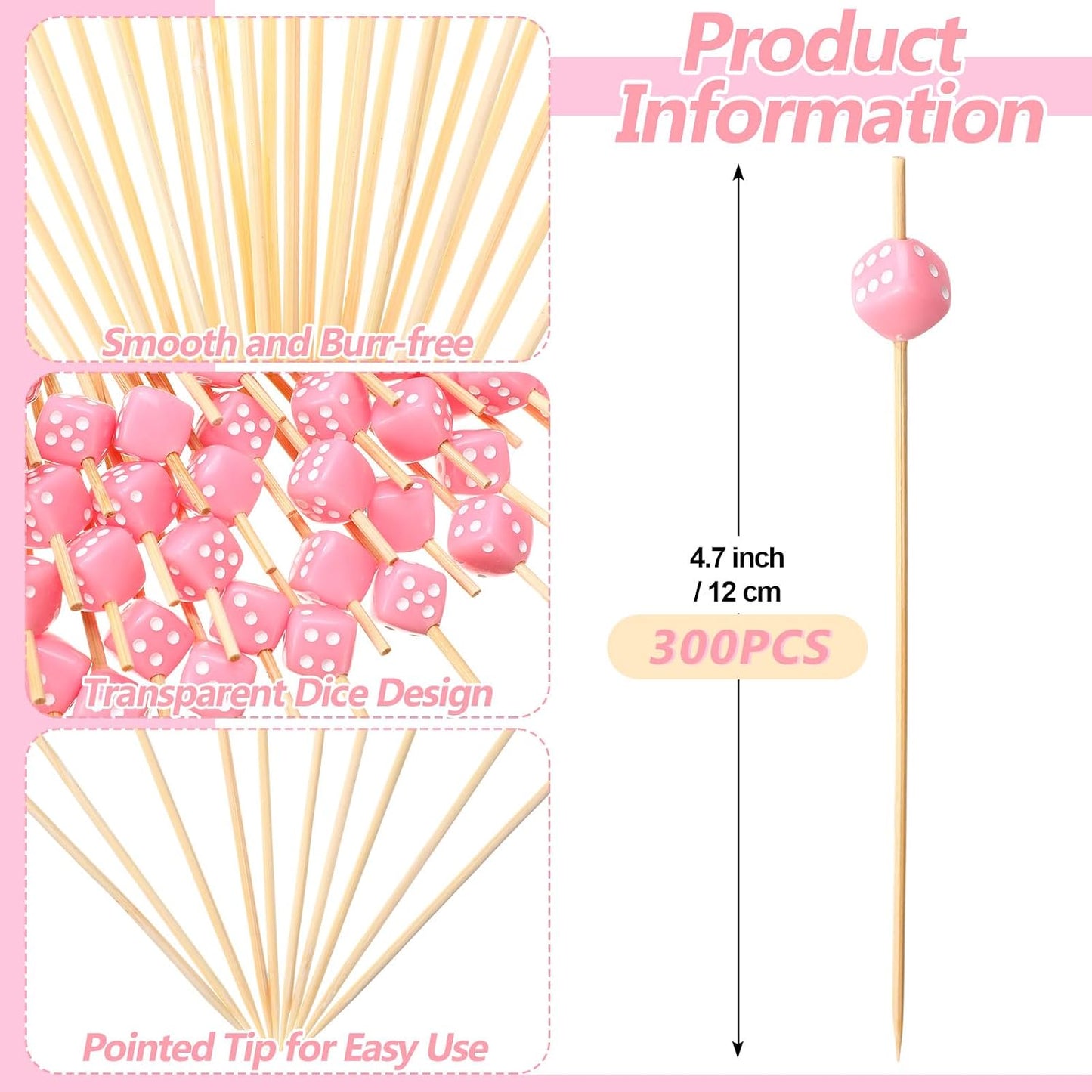 Reallnaive 300 Pcs Dice Cocktail Picks Casino Party Decoration 4.7 Inch Dice Fruit Dessert Toothpick Sticks for Casino Game Night Las Vegas Poker Birthday Party Table Supplies(Pink)