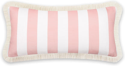 Hofdeco Premium Coastal Patio Indoor Outdoor Long Lumbar Pillow Cover Only, 12"x26" Water Repellent for Backyard, Couch, Blush Pink Stripes with Fringe