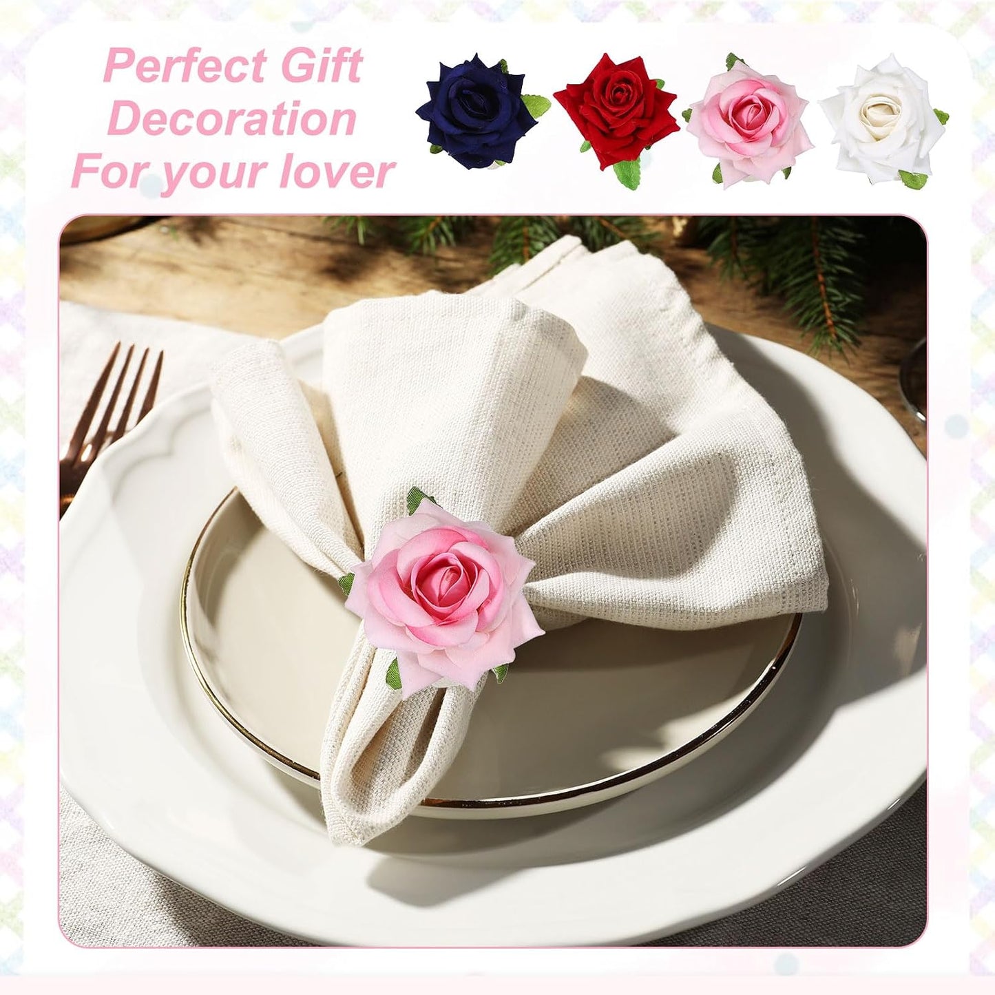 uxcell 4Pcs Flower Napkin Rings, Handmade Rose Napkin Ring Holders Buckles Table Decorations for Christmas Thanksgiving Valentine Decor Wedding Parties, Banquet, Home, Pink