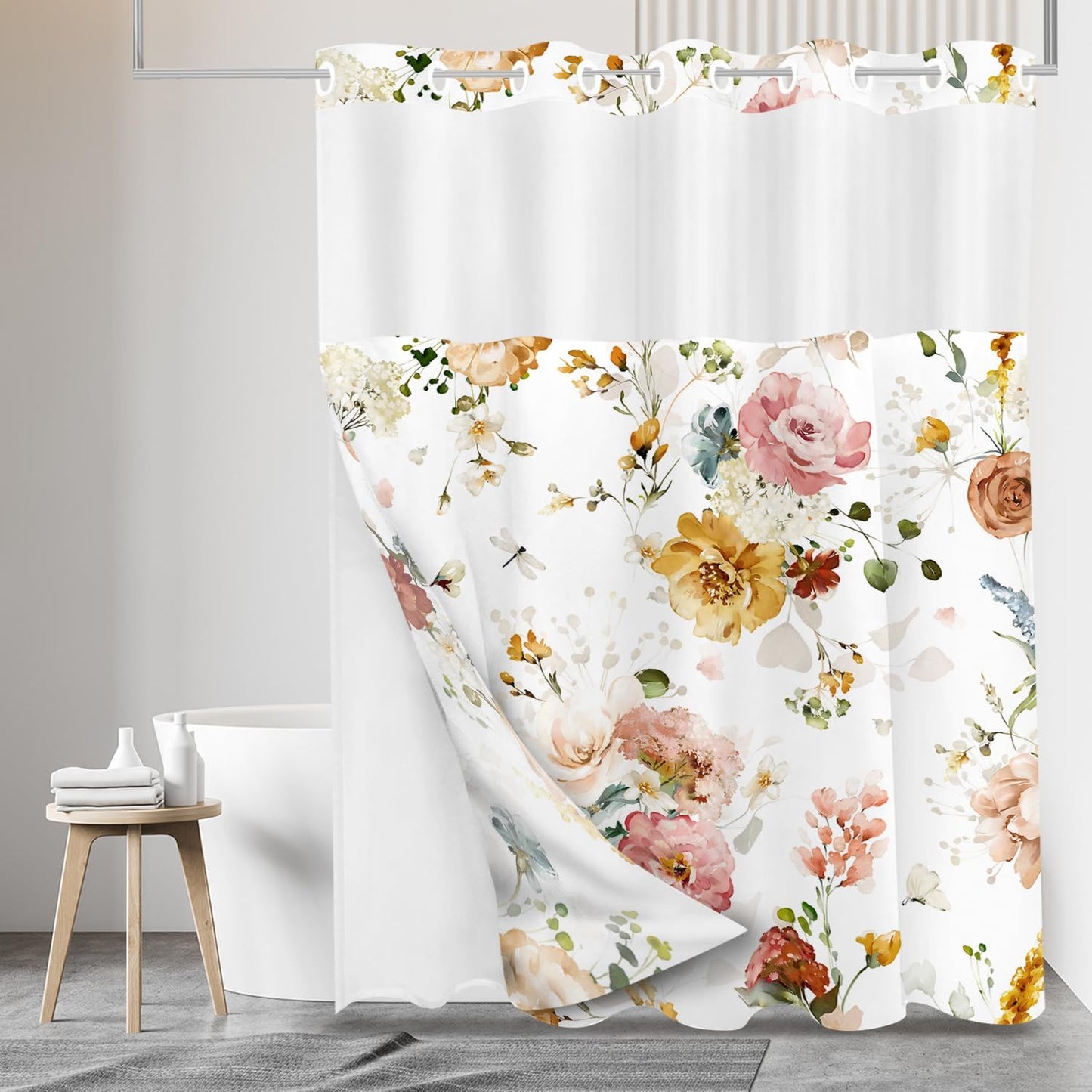 Tititex No Hooks Snap in Liner Rustic Red Yellow Pink Floral Shower Curtain, Hotel Luxury Double Layers Waterproof Fabric & See-Through Top Window Bathroom Decorative 72x72 Inch