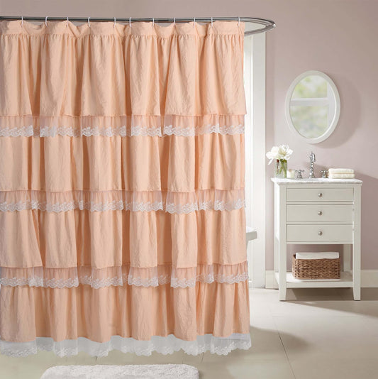 Homechoice Decor Elegant Peach Pink Shower Curtain with Handmade Ruffles and Lace Trim, 72" x 72" Soft Microfiber Shower Curtains for Boho, Farmhouse, and Vintage Bathroom Decor, Machine Washable