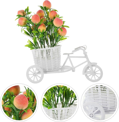 Beaupretty Artificial Peach Flowers and Bike Basket Set, Small Faux Floral Centerpiece with Plastic Pot, Wedding and Party Decor for Table Display